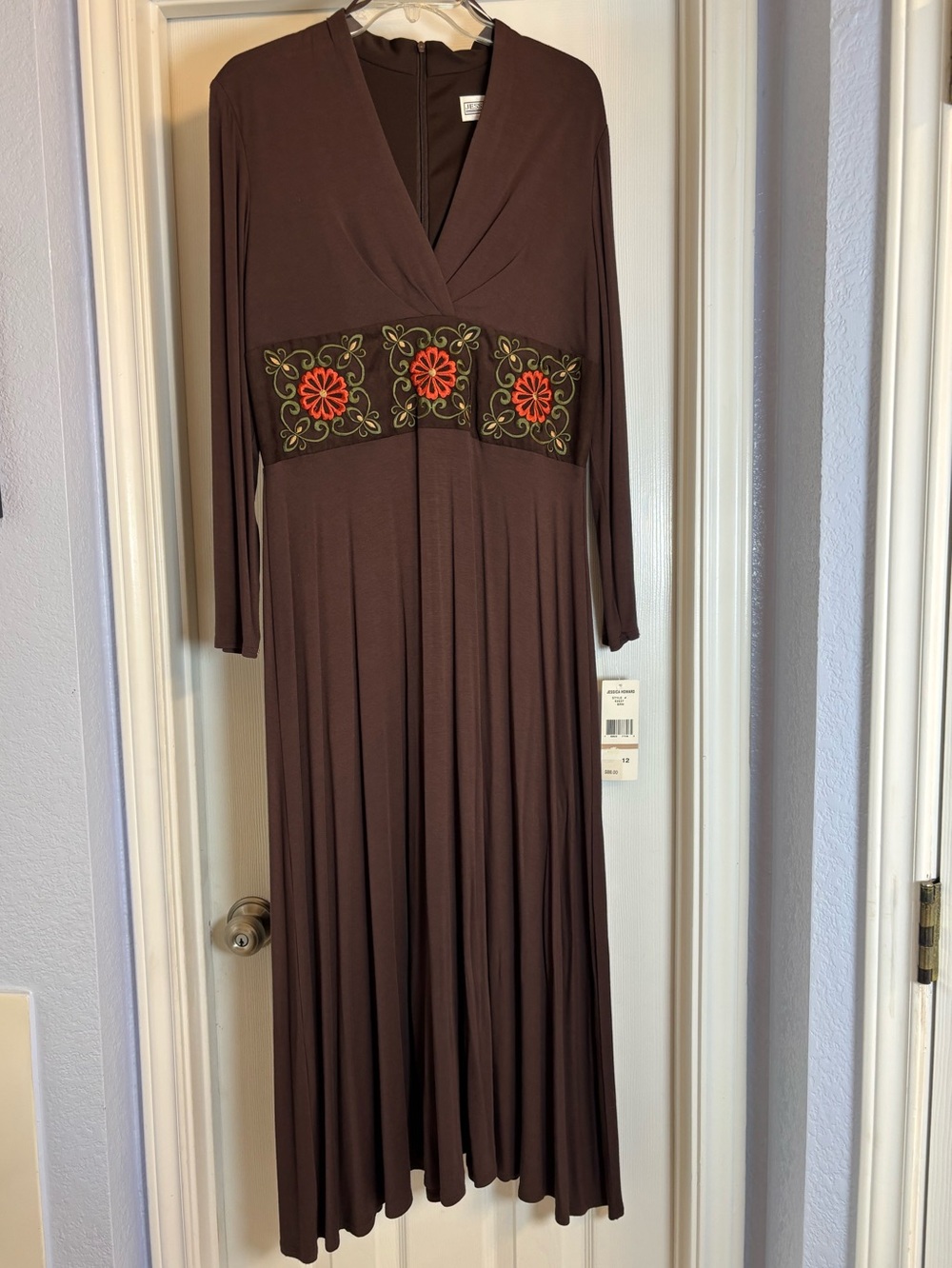 Jessica Howard 90s Brown Maxi Dress with Embroidered Floral Waist Boho Sz 12 NWT